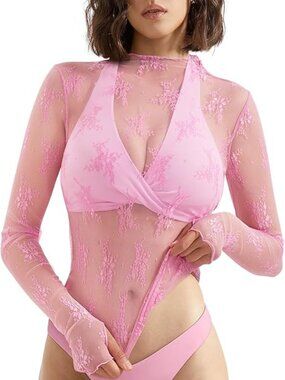 SUUKSESS Women  Mesh Sheer Long Sleeve Tops Mock Neck Lace Shirt L